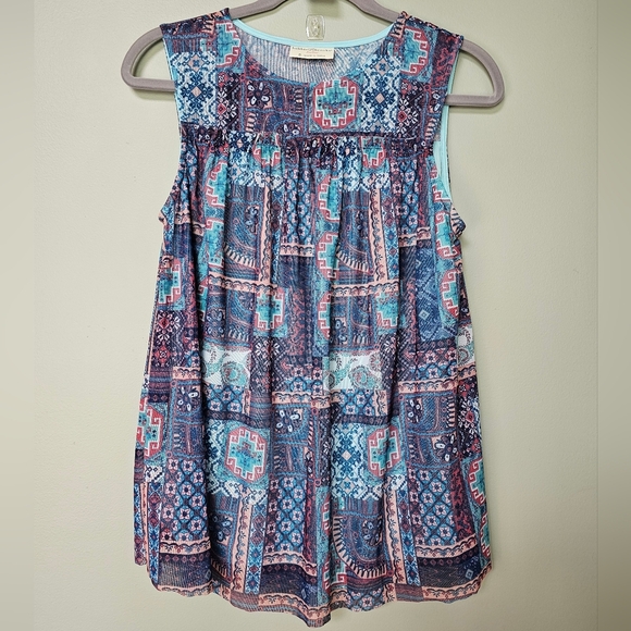 Bobbie Brooks Sheer Yoke Aqua Blue Pink Mesh Sleeveless Boho Blouse - Picture 9 of 9